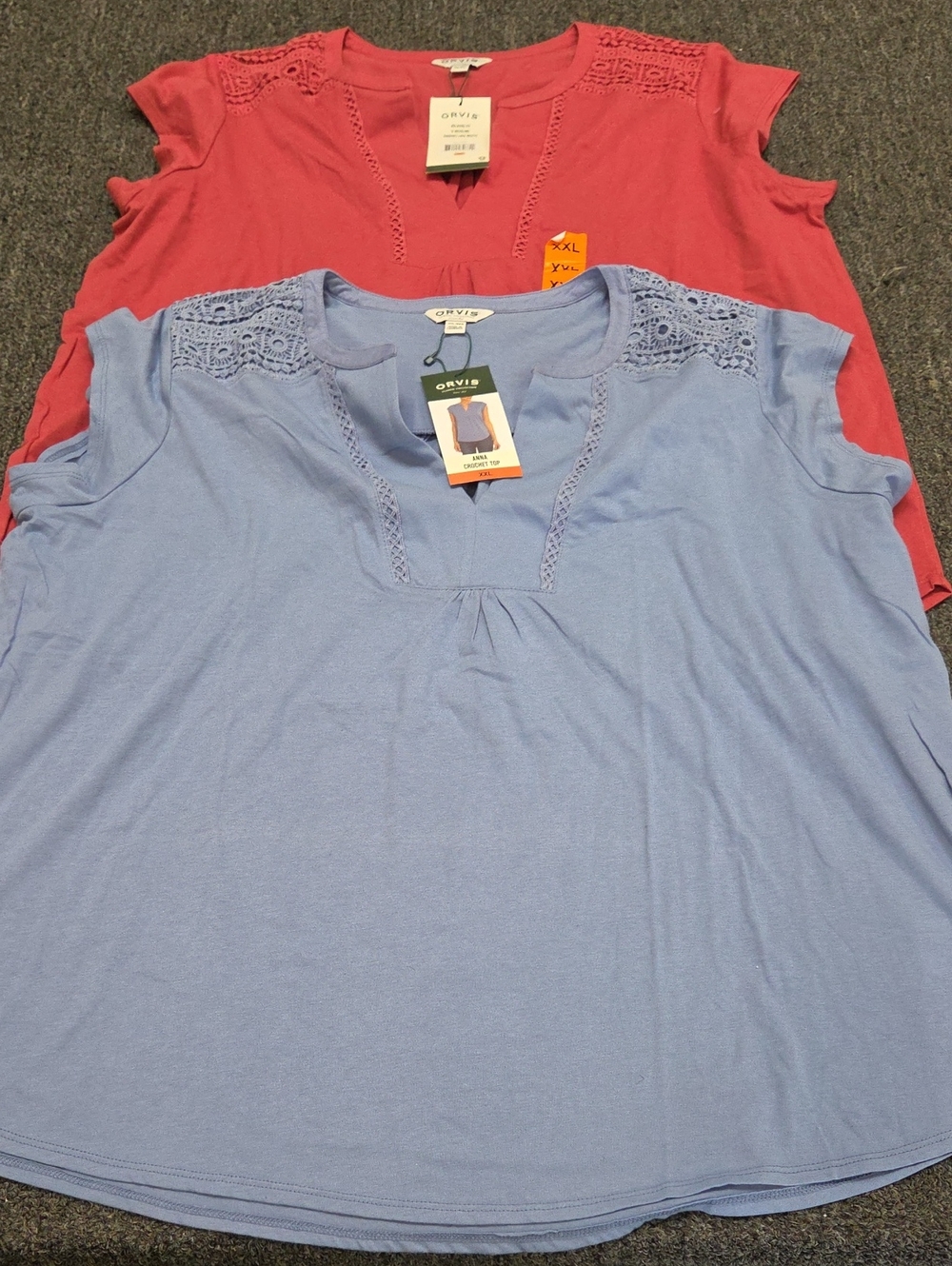 (#4C) 2 Orvis Women's Lace-Yoke Cap Sleeve Tops - Coral & Light Blue